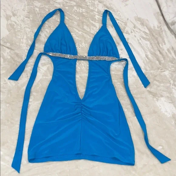 Blue Rhinestone Ruched Mini Dress - Picture 1 of 4